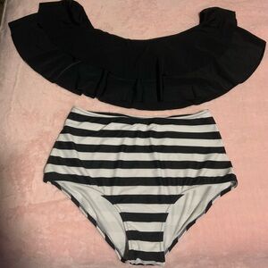 Black Ruffle Bikini Top and Striped Bottoms